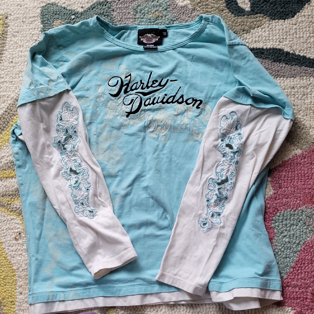 Harley-Davidson Teal Layered Long Sleeve Tee with White Sleeves